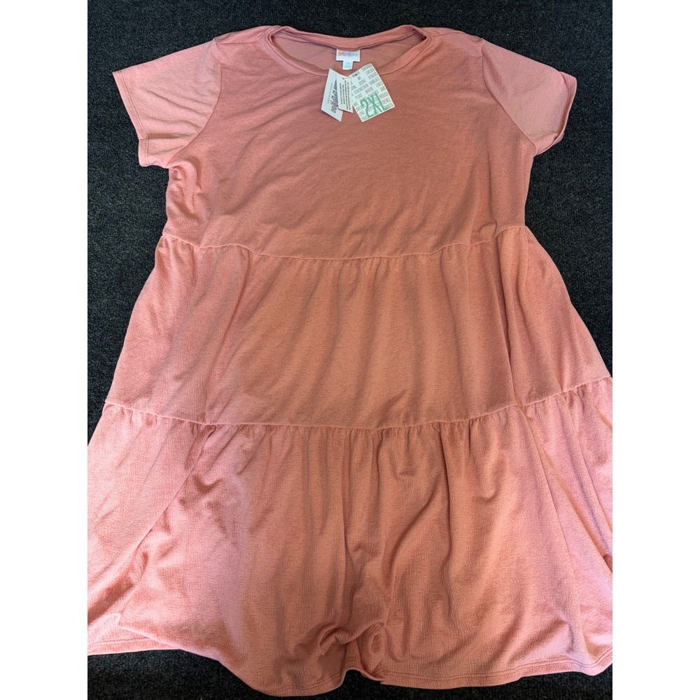 LuLaRoe Carly Tiered Dress Womens 2XL Coral Pink Short Sleeve Knit Mini NWT